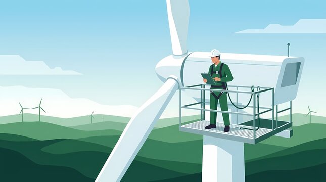 AI generated wind turbine maintenance technician performing inspection in a green valley