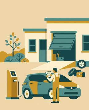 AI generated electric vehicle charging and maintenance at a modern residential garage