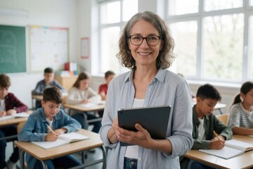 Fototapeta premium Mature teacher stands in classroom holding tablet computer. Smiling woman wears glasses, casual clothes. Group of teenage pupils sit at desks writing in notebooks. Diverse students study subjects