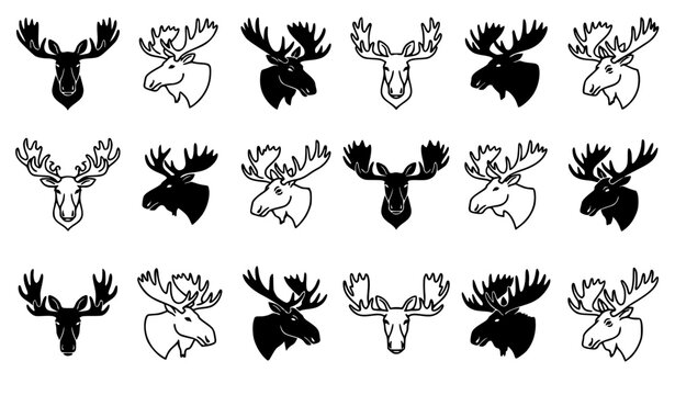 Moose Head Silhouette and Outline Vector Illustration Set on White Background