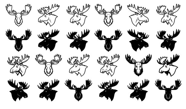 Black Moose Head Silhouette and Outline Wildlife Vector Collection