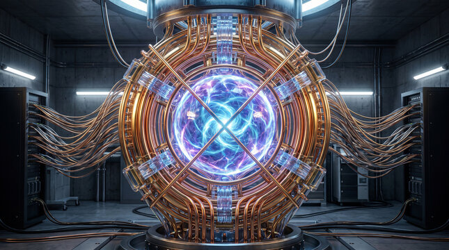 This beautiful and highly detailed stock photograph captures a glowing futuristic quantum computer core with complex golden wiring in a dark laboratory space right there.