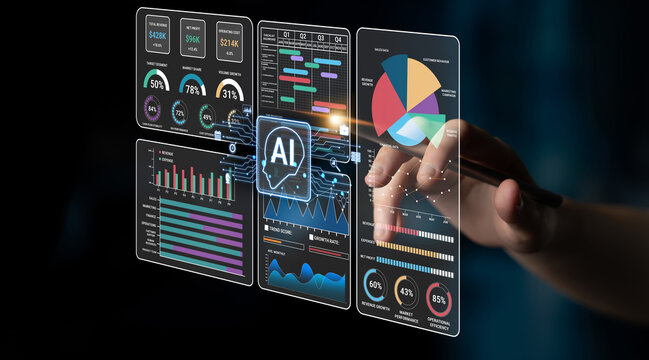 Futuristic Interface Displaying Data Analytics and Artificial Intelligence Metrics with Hand Interaction in Digital Environment. Sentient.