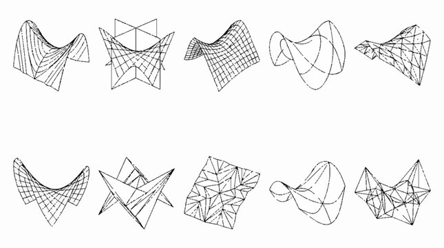 A collection of ten intricate wireframe geometric shapes and architectural structures.