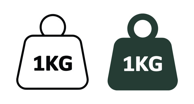 One Kilogram Weight Icon. A simple and clear illustration showing two icons of a 1kg weight, one in outline and the other solid, representing a standard unit of mass.