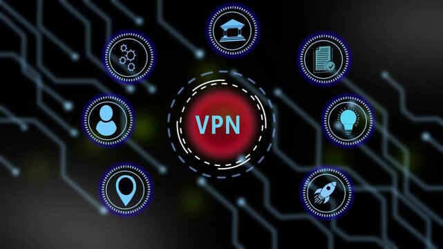 Advanced vpn network security concept featuring animated digital for cybersecurity, data privacy, anonymous browsing, secure internet connection, and global server encryption technology solutions