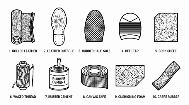 Set of ten essential shoemaking and leather repair tools and materials.