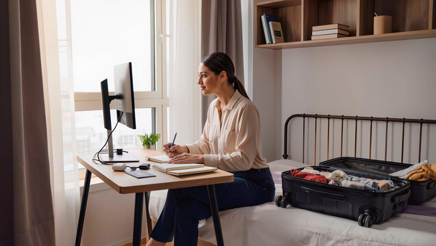 Middle Eastern woman setting up a temporary remote workspace in a modern rental apartment, connecting a laptop to a portable monitor while travel essentials and an unpacked suitcase reflect life on th