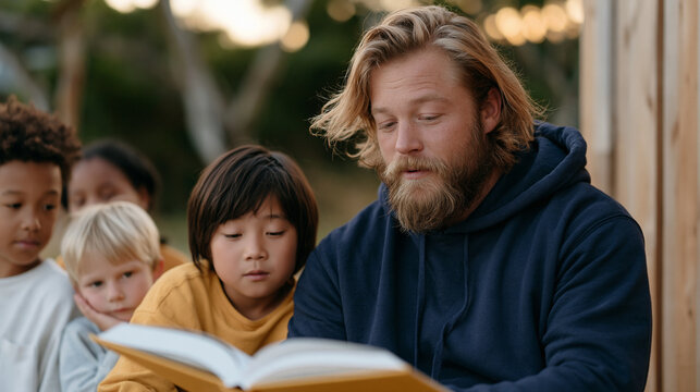 trampoline park safety worker reading to a group of children from diverse backgrounds in a quiet countryside setting after hours multicultural group bedtime story wind down