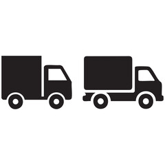 Fototapeta premium Set of black flat delivery truck icons isolated on white background for logistics business use.