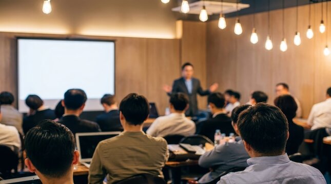 Businessman presenting at corporate seminar to audience in modern conference hall with warm lighting and projection screen.