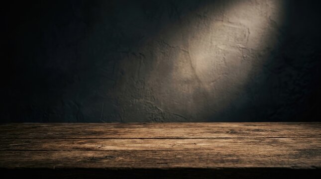 Empty rustic wooden table surface with a soft spotlight beam against a dark textured background for product display presentation