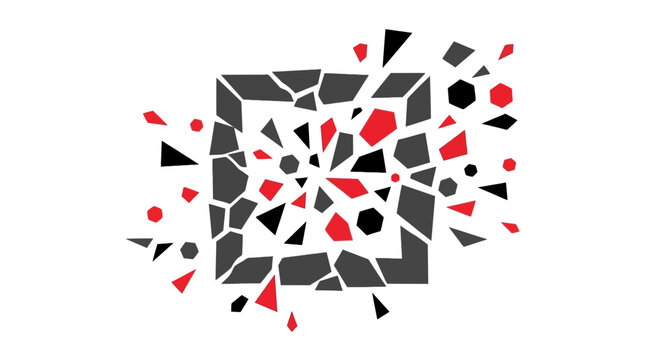 Exploding gray and red square fragments abstract design.