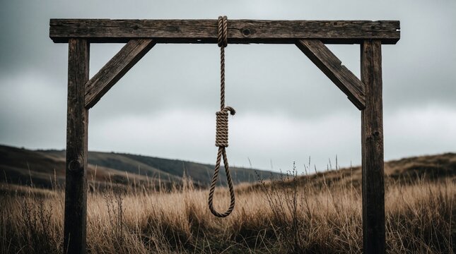 Old wooden gallows with hanging noose in dry grass field. Gloomy sky, desolate landscape, symbol of past justice and punishment, crime and death.