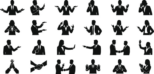 PrintBusiness people silhouette icons showing professional gestures and corporate body language communication in vector illustration set © Rajib
