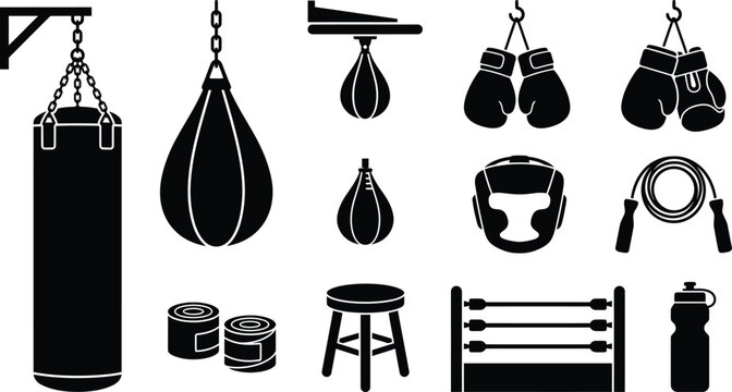 PrintBoxing Equipment Silhouettes Collection with Gloves, Punching Bags, Ring, and Training Gear Icons for Fitness Design