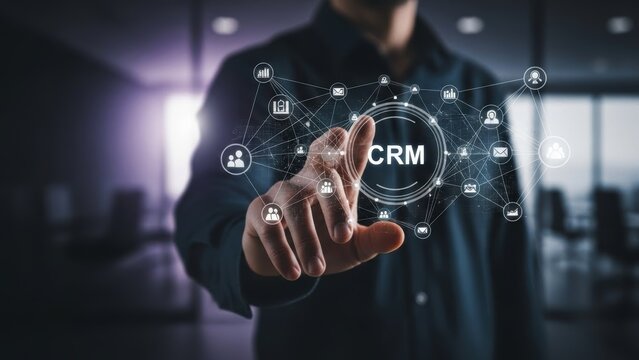 Businessman utilizing crm technology with modern interface showing connection network and data visualization for business development and customer relationship management