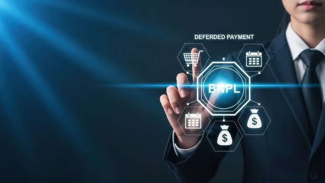 Buy now pay later businesswoman touching virtual interface representing bnpl payment option and deferred payment methods with shopping cart calendar and money