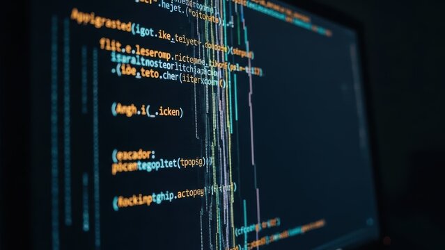 Close up of computer screen displaying code lines for programming software development and cyber security technology