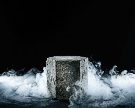A hexagonal stone pedestal display stand surrounded by swirling white fog isolated against a dark black background setting