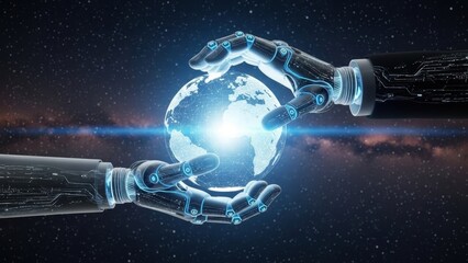 Naklejka premium Futuristic robot hands holding globe with digital circuitry on a starry galaxy background