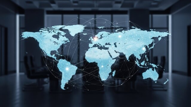 Global connectivity and communication worldwide representation illustrating international network in meeting room with light blue world map display and wireframe connection