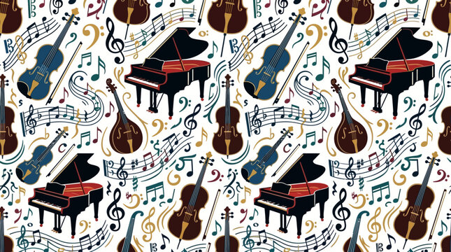 Hand-drawn piano and violin musical instrument pattern.