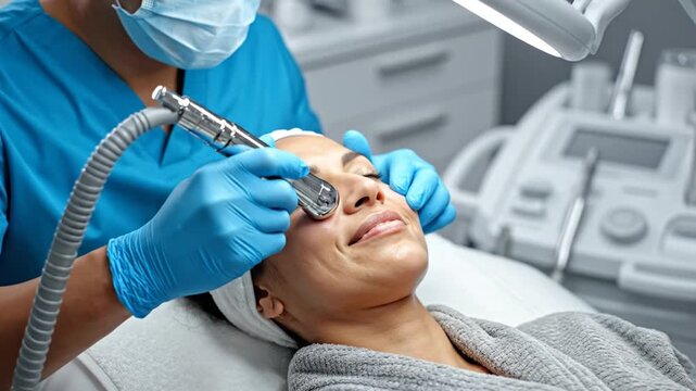 Woman receiving professional facial skin treatment in medical clinic.