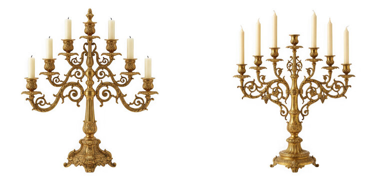 Two elegant golden candelabras with white candles isolated on transparent background
