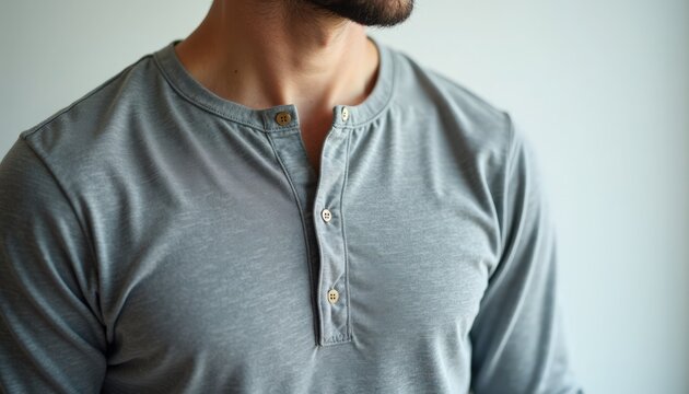 Casual men's fashion with stylish gray henley shirt showcasing buttons and comfortable fit. Men's fashion attire emphasizes comfort and style for everyday wear.