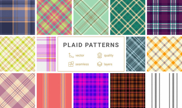 Seasonal plaid bundle designed for catalogs. Autumn tartan patterns frame product pages. Seamless vectors align content.