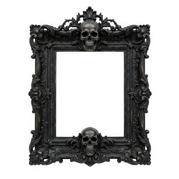 Ornate gothic picture frame with skull decorations isolated on transparent background