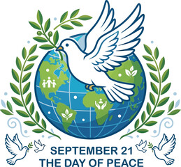 Obraz premium International Day of Peace emblem. Dove with olive branch over globe vector illustration.