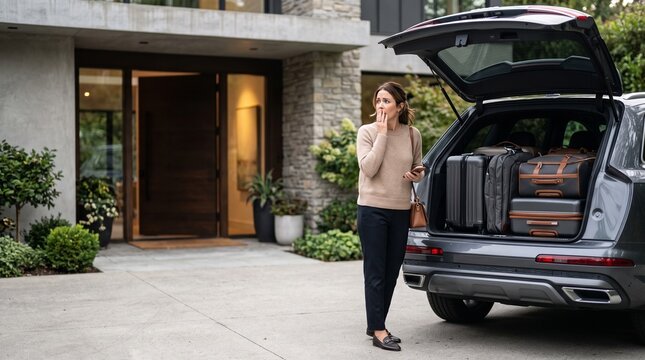 Woman loading car for travel near modern home. A woman stands next to the open trunk of a car filled with luggage, seemingly preparing for a journey and thinking if she forget something.