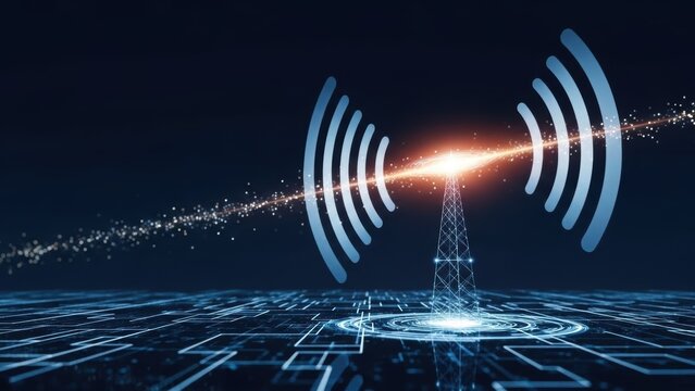 Modern wireless communication antenna tower emitting radio waves in cyberspace technology representing global connectivity and telecommunications networks