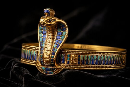 Detailed golden cobra crown with turquoise inlays resting on black velvet.