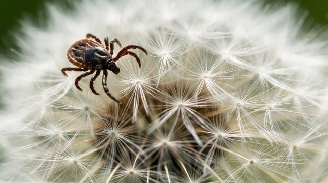 Small brown tick sits on white fluffy dandelion seed head in nature. Macro view of dangerous arachnid parasite crawling on plant. Insect carries infectious diseases like Lyme encephalitis. Wildlife