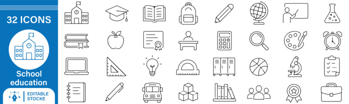32 School Education Vector Outline Icons Set &ndash; School, Learning, Classroom, Academic Education and Student Line Symbols Collection