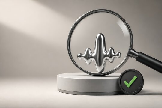 Audio analysis concept with magnifying glass and verified waveform 3D render