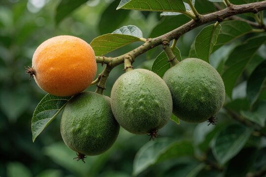 Ripe orange, unripe green lulo fruits grow on tree branch. Fresh exotic naranjilla berries hang in garden. Natural tropical plant with fuzzy skin features sour taste. South American agriculture