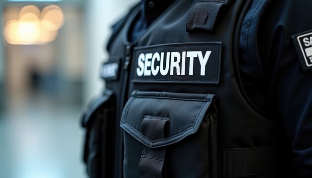 Security guard in uniform with visible badge and security gear, professional appearance, ensuring safety and protection in public spaces.