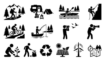 Obraz premium Nature Adventure and Environmental Activity Silhouette Collection Vector Icons on White Background