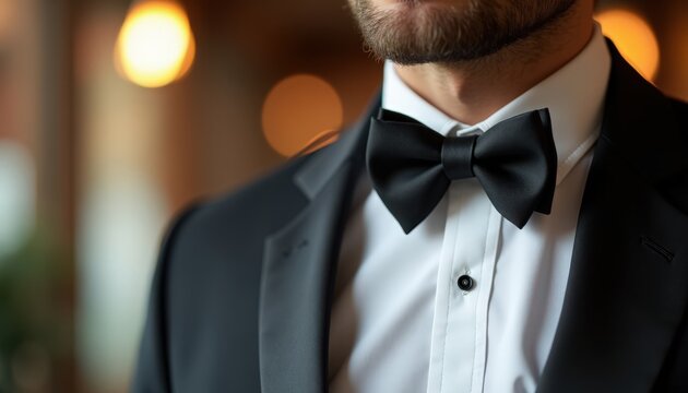 Elegant man in tuxedo with black bowtie at upscale event. Stylish tuxedo features tailored jacket and crisp dress shirt for formal occasions. Concept of elegance and sophistication in fashion.