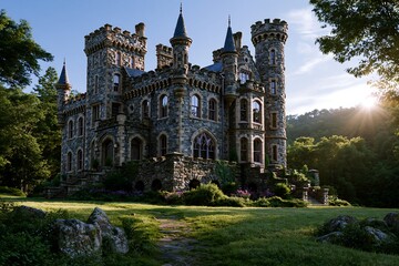 Fototapeta premium Historic stone castle with turrets surrounded by trees