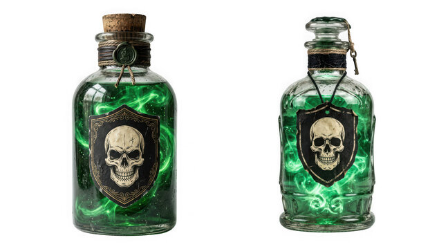 Two glass bottles filled with glowing green magic potion and skull labels isolated on transparent background