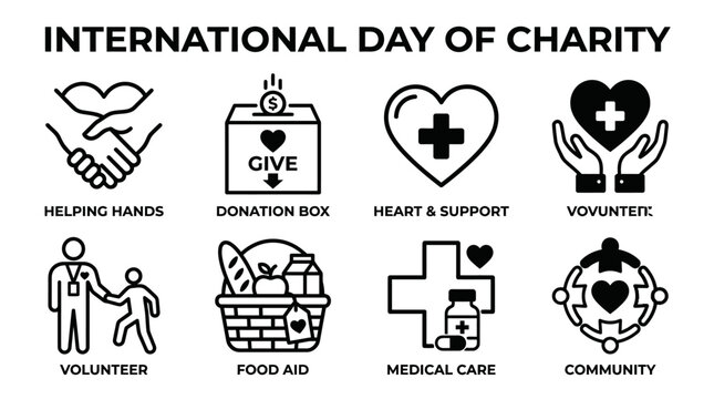 International Day of Charity Concept Set Featuring Minimalist Black and White Vector Icons Representing Philanthropy, Humanitarian Aid, and Social Community Support Services