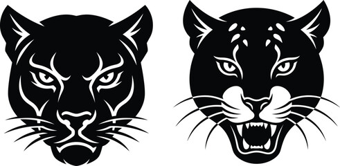 2 Fierce Panther Head Silhouette Vector Logos with Bold Expression and No Background Clutter, Premium Wild Cat Mascot Design for Branding and Sports © MstNela