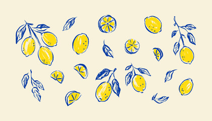 Obraz premium Hand drawn doodle crayon lemon fruit, leaves, branch tree set. Blue and yellow pencil scribble lemons. Italian summer, Amalfi, Sicily pastel, paint, watercolor design element. Mediterranean food