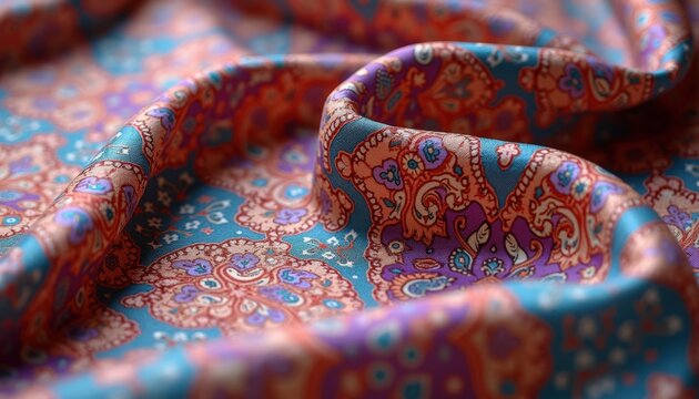 Colorful paisley fabric with intricate patterns draped elegantly, showcasing vibrant colors and soft texture. Colorful paisley fabric adds richness to any textile project or fashion design.