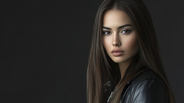 Young hispanic female with long hair in leather jacket against dark background